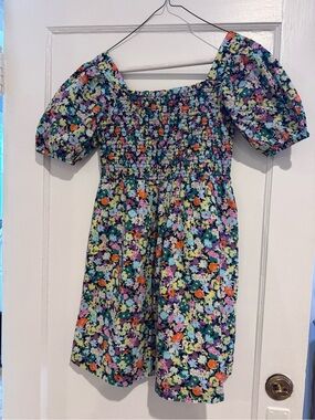 GAP Navy Multi Floral Smocked Puff-Sleeve Dress